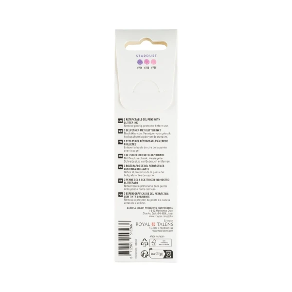 Ручки гелевые SAKURA Gelly Roll Stardust с блёстками, выдвижные, набор 3 цвета (розовый, светло-розовый, фиолетовый) RTPXGBRASTA3C