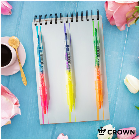 Набор текстовыделителей двухсторонних Crown "Multi Hi-Lighter Twin" 3 шт 6 цв 3/2 мм блистер RE-H2-1000-B/3